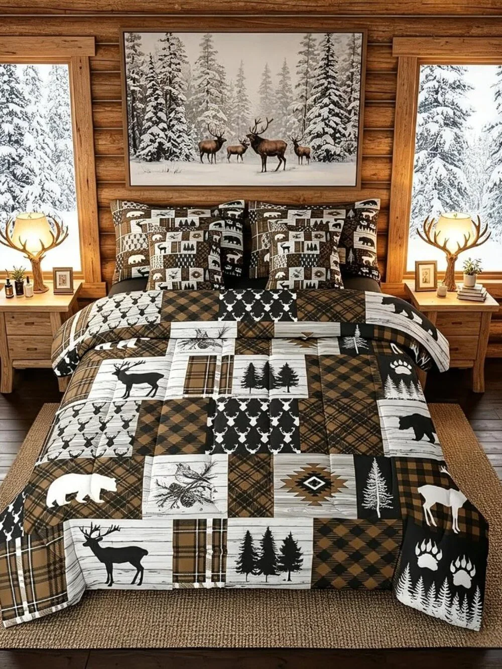Brown Cabin King Size Comforter Set with Sheets Patchwork Rustic Bedding Set 7 P